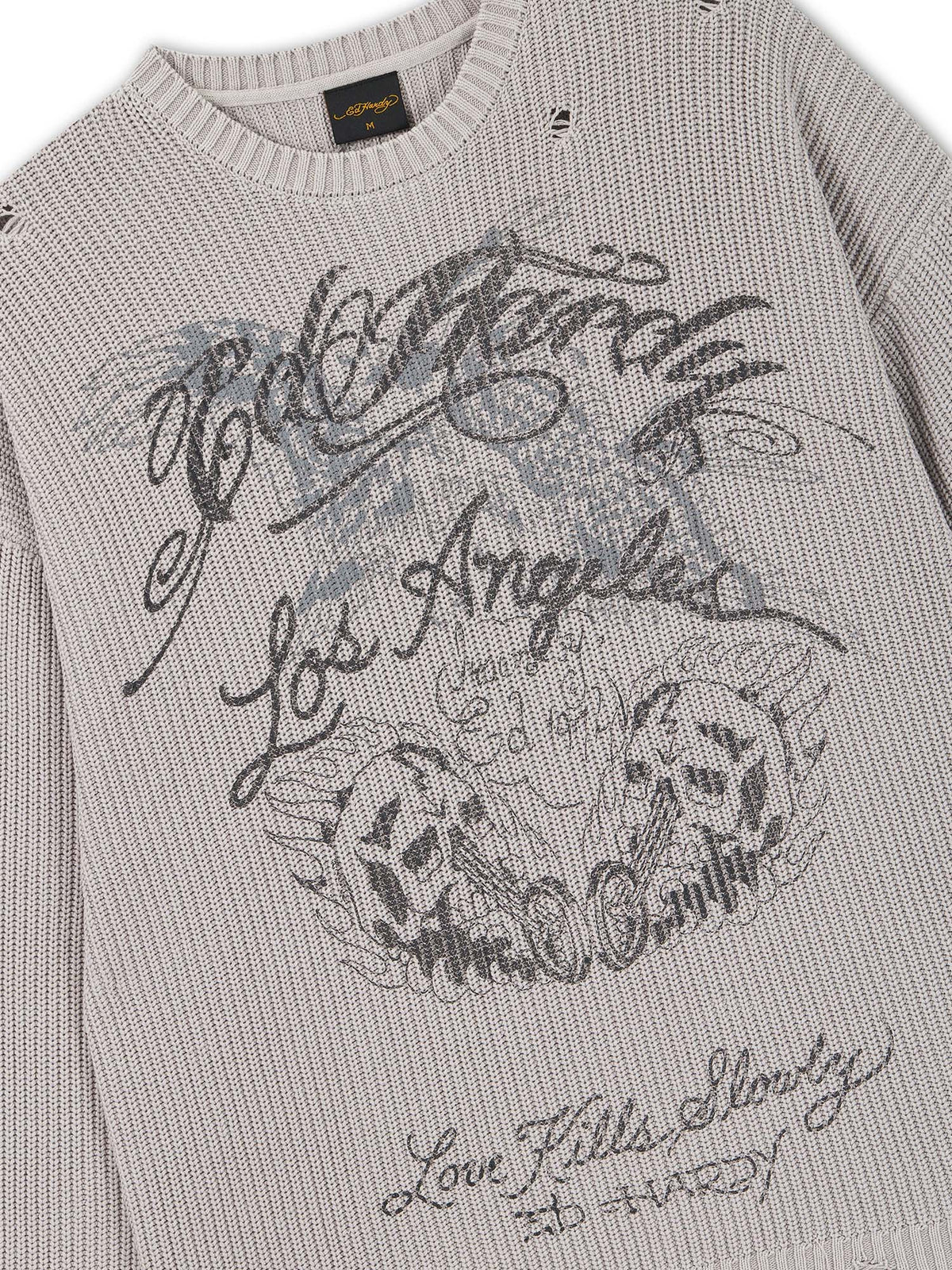 Ed Hardy Maglione Distressed Los Angeles Knitted Relaxed Crew Grigio