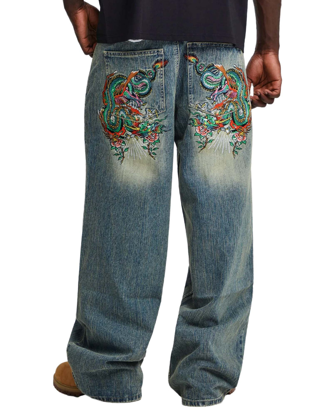 Ed Hardy Jeans Slithering Dragon Embroidered Xxtra Blu