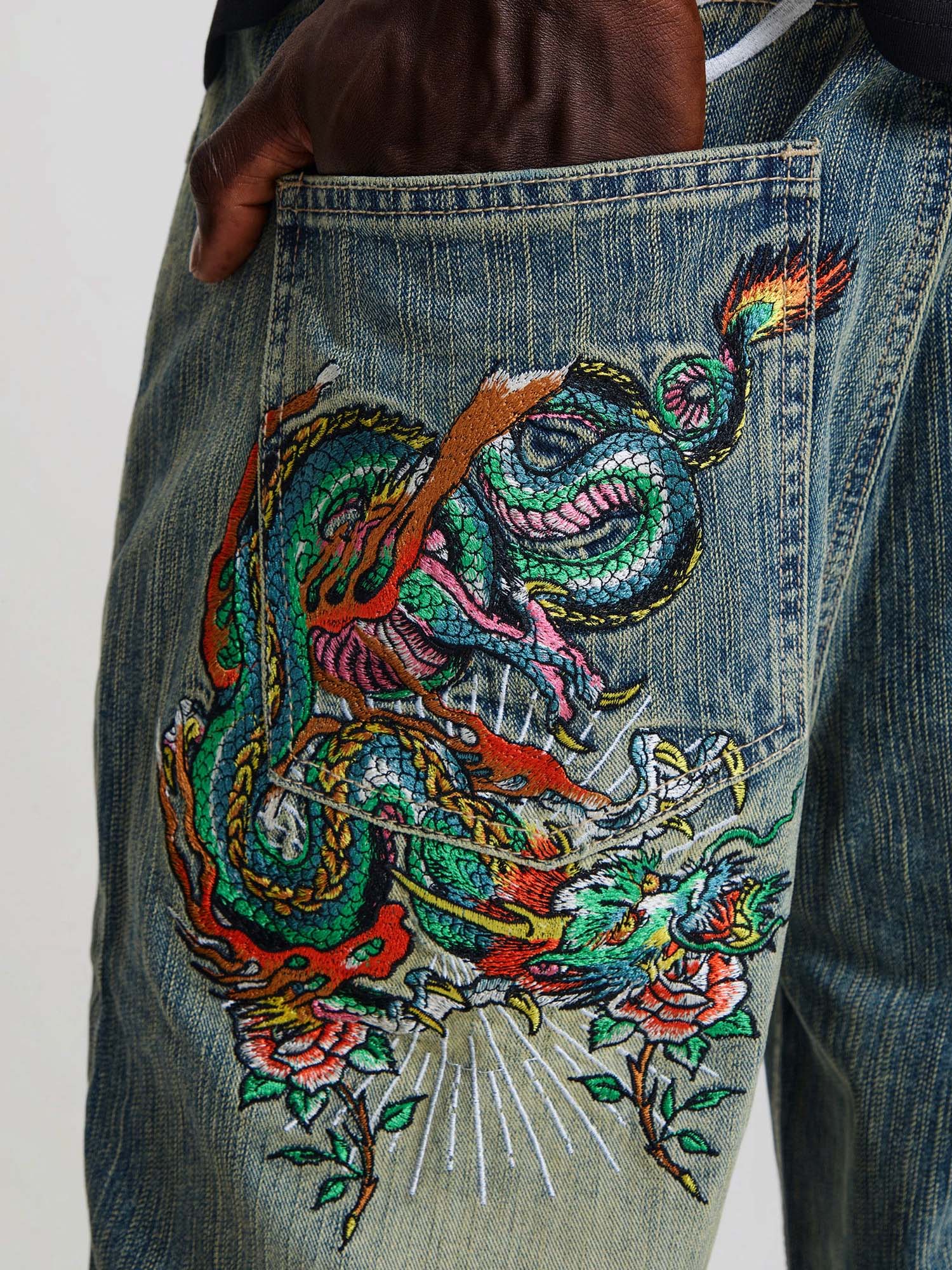 Ed Hardy Jeans Slithering Dragon Embroidered Xxtra Blu