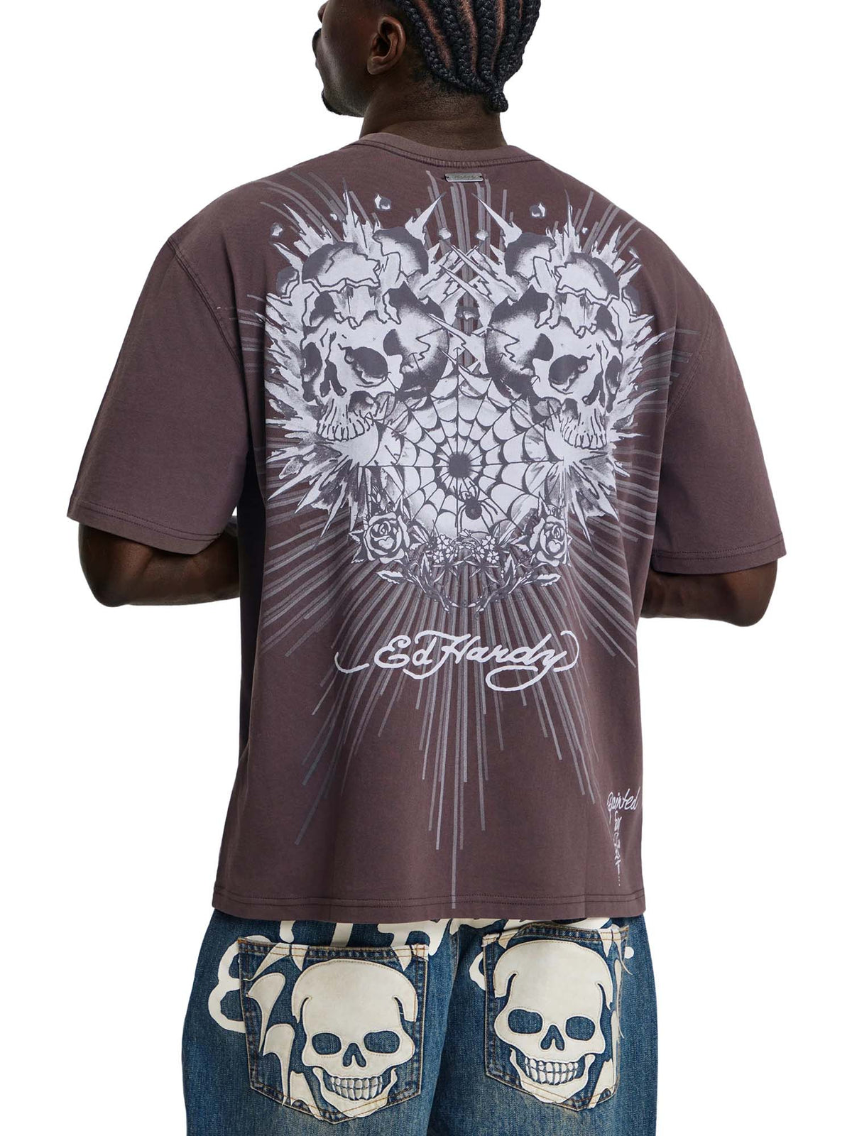 Ed Hardy Mens Webbed Skull Graphic Relaxed T-Shirt Marrone