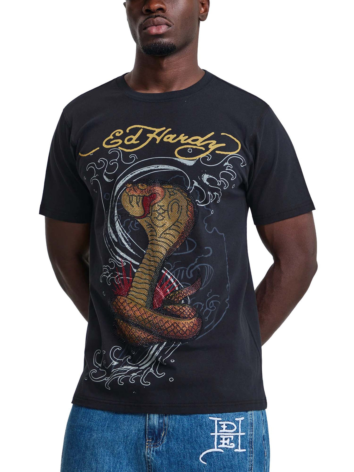 Ed Hardy Mens Diamante Serpent Graphic Regular T-Shirt Nero