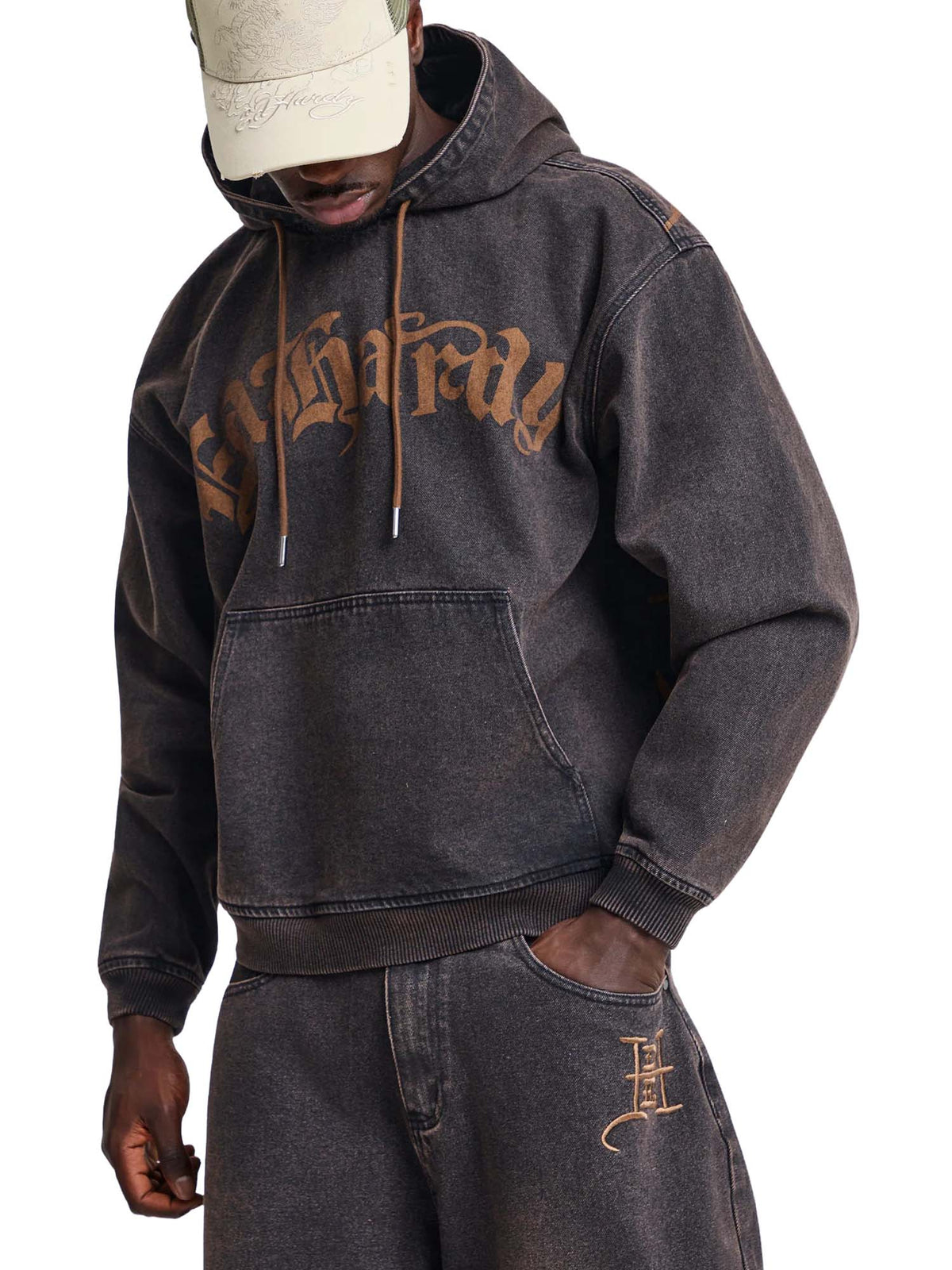 Ed Hardy Mens Black Widow Graphic Denim Relaxed Hoodie Marrone