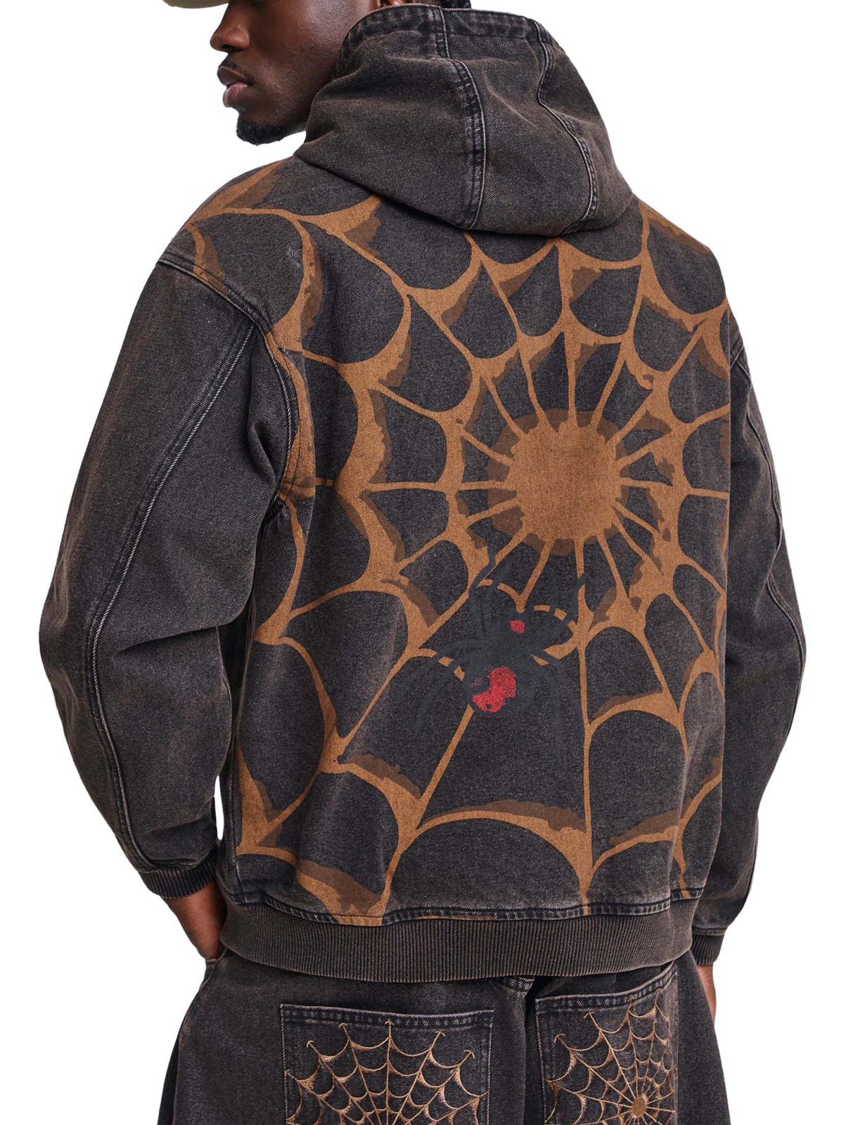 Ed Hardy Mens Black Widow Graphic Denim Relaxed Hoodie Marrone