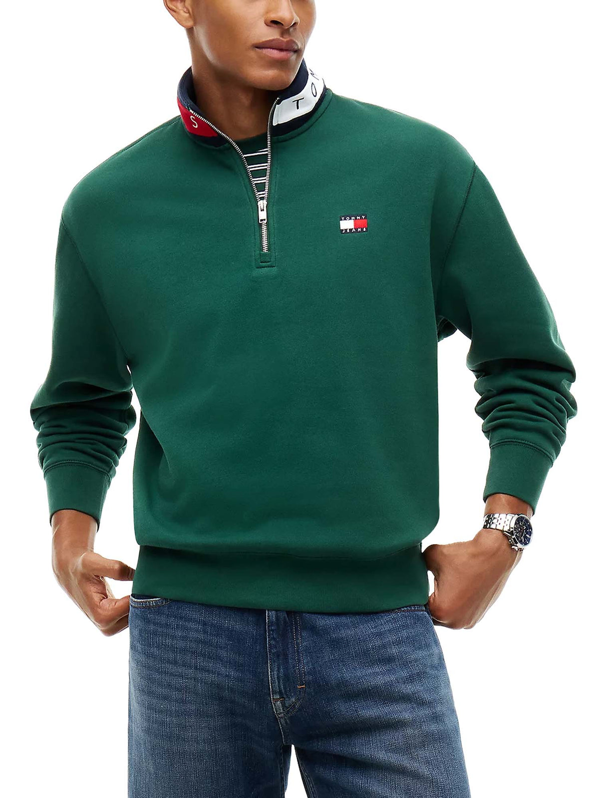 Tommy Jeans Felpa relaxed fit con mezza zip e logo Verde