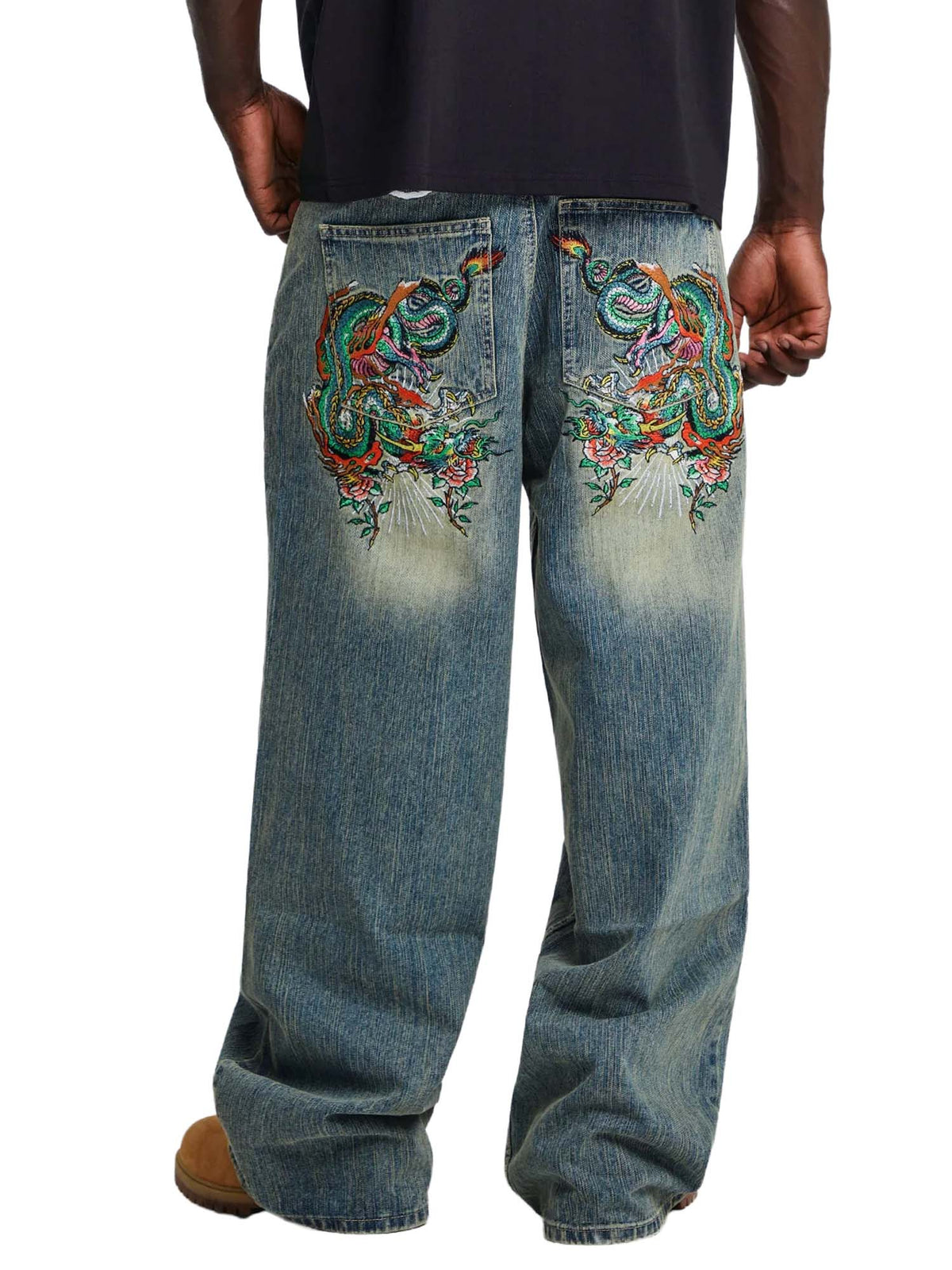 Ed Hardy Mens Slithering Dragon Embroidered Xxtra Jeans Azzurro