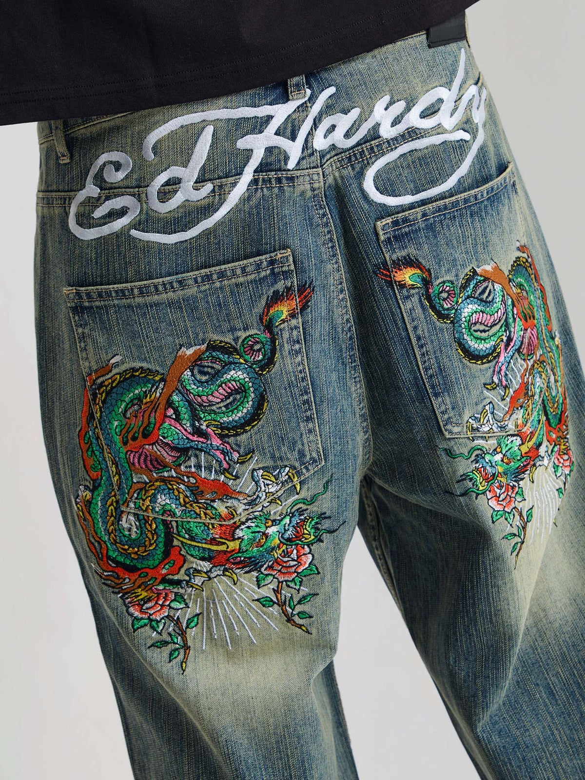 Ed Hardy Mens Slithering Dragon Embroidered Xxtra Jeans Azzurro