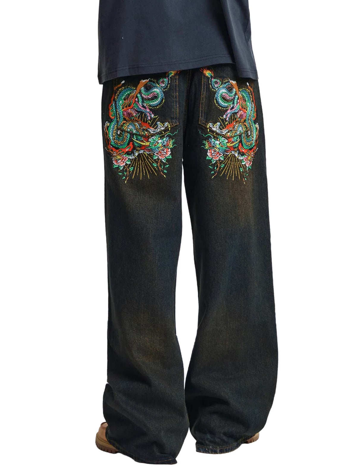 Ed Hardy Mens Slithering Dragon Embroidered Xxtra Jeans Grigio