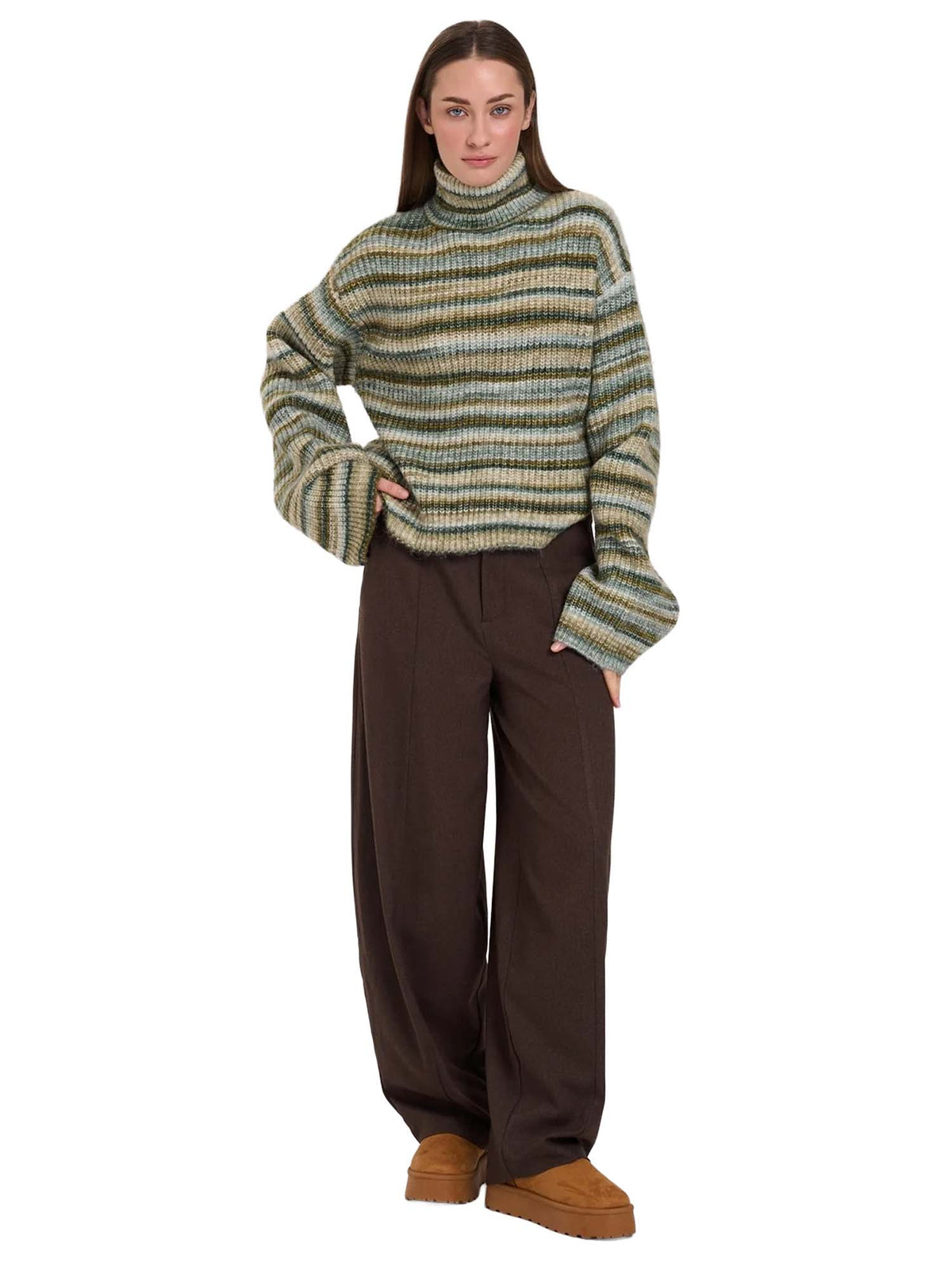 24 Colours Maglione a righe e collo alto Verde