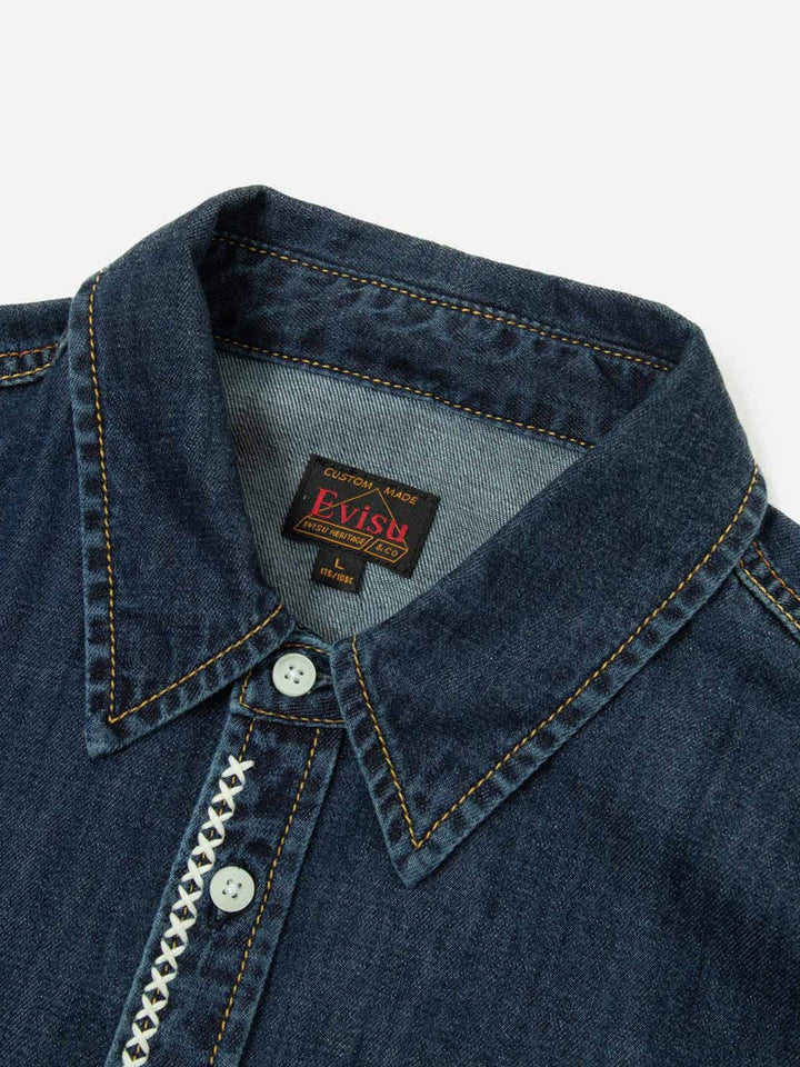 Evisu Brush Daicock Print Relax Fit Denim Shirt Blu