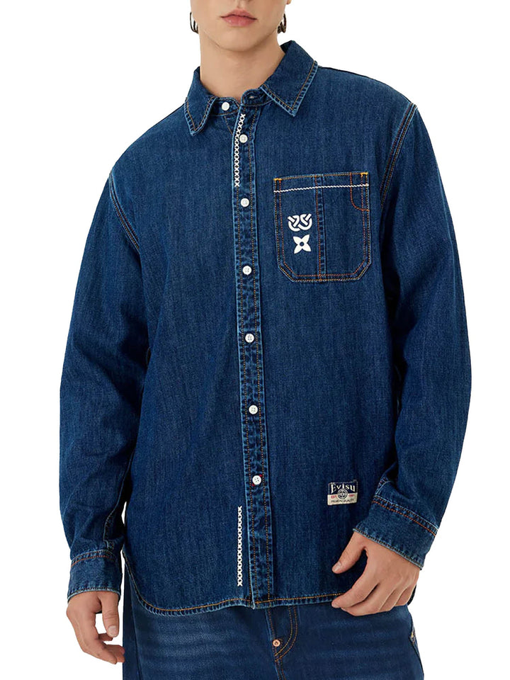 Evisu Brush Daicock Print Relax Fit Denim Shirt Blu