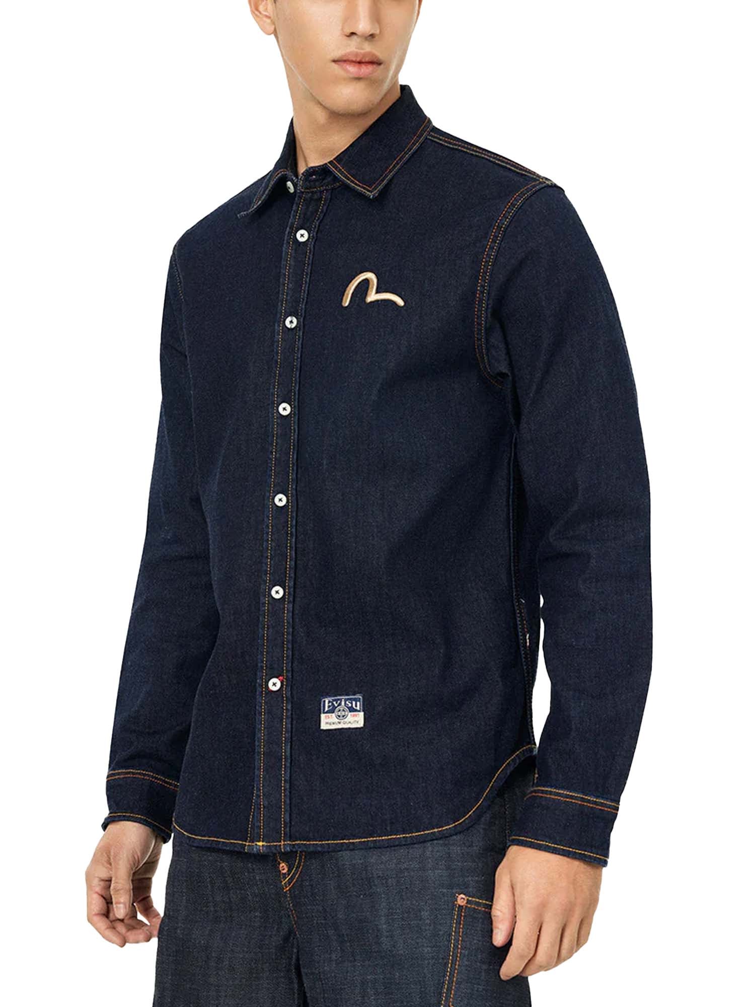 Evisu Camicia in denim con stampa Hakutaku Daicock vestibilità regolare Blu