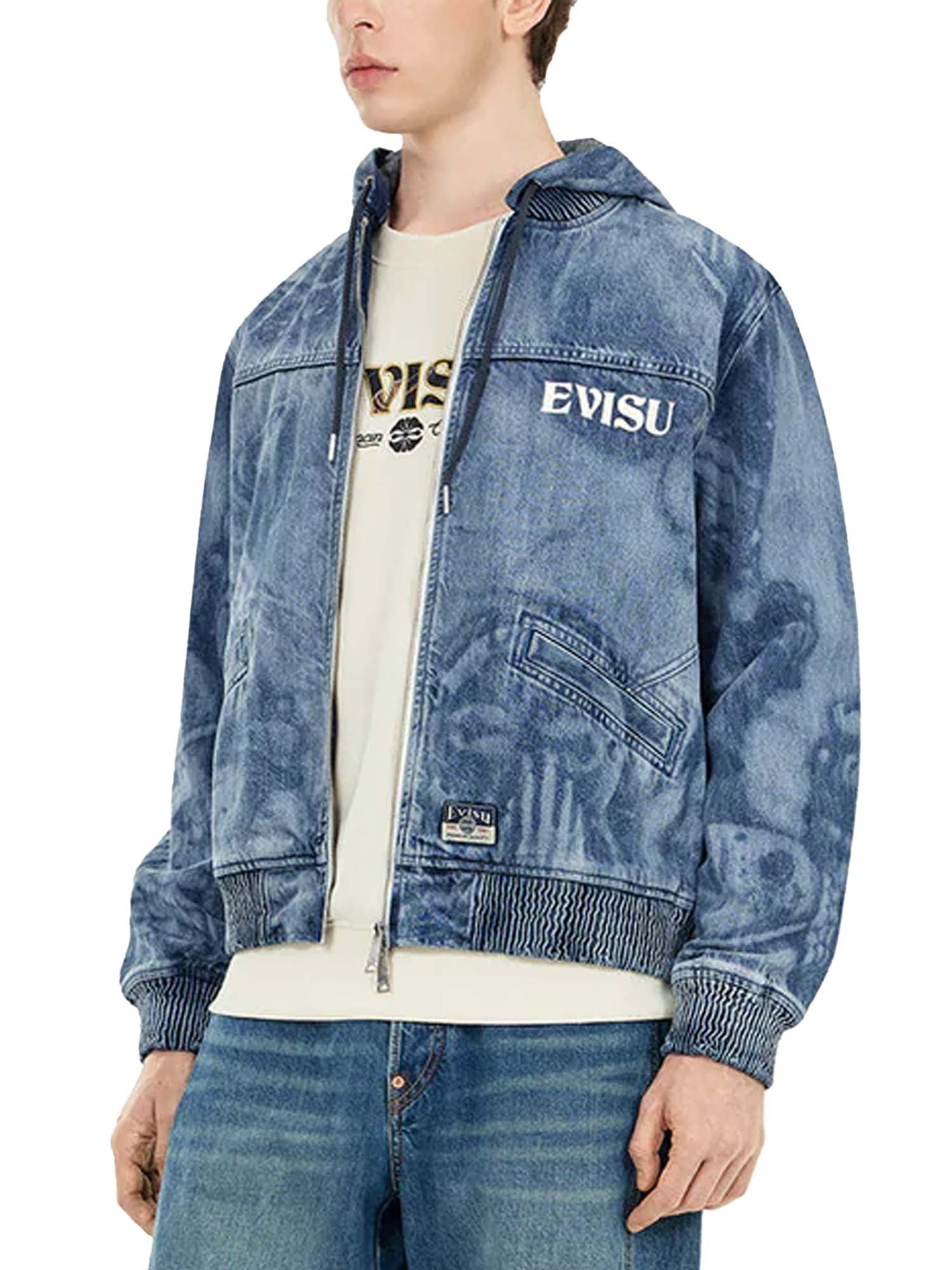 Evisu Giacca in denim con cappuccio e stampa laser Fisherman Godhead Blu