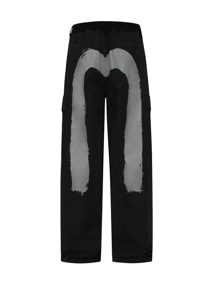 Evisu Hand Brush Daicock Print Baggy Pants Nero