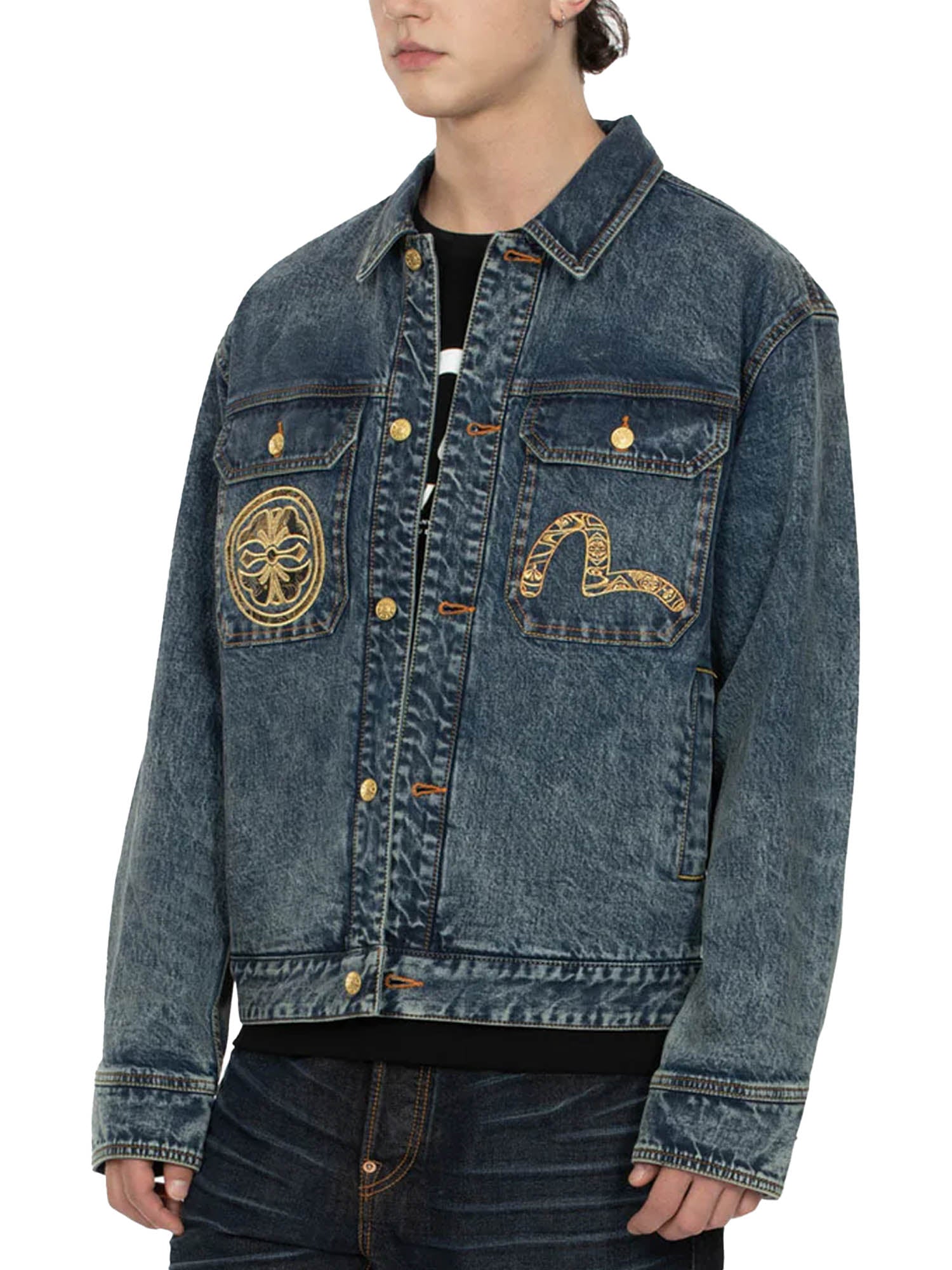 Evisu Kamon and Seagull Brocade Appliqué with Carp Embrodiery Relax Fit Denim Jacket Blu