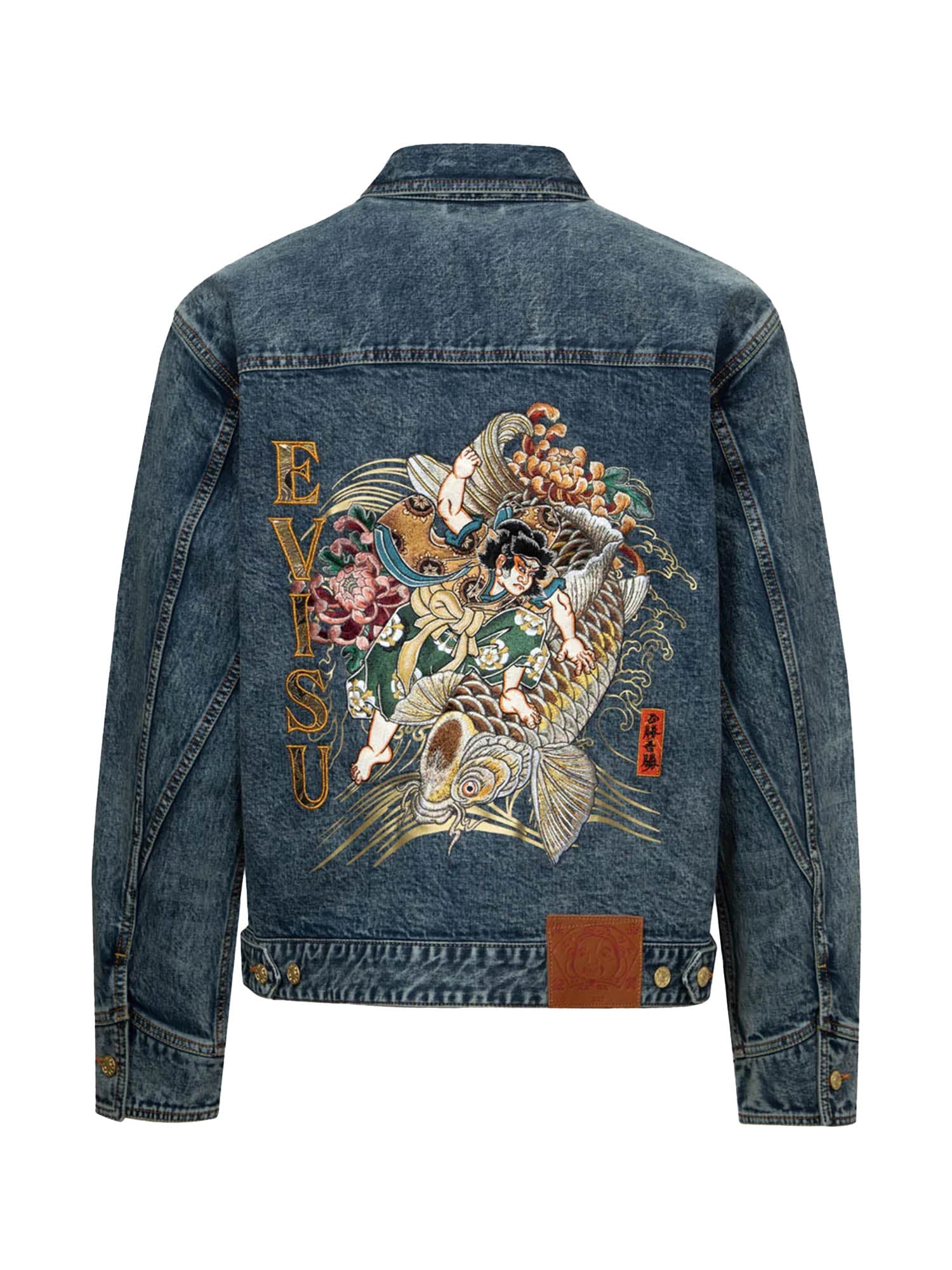 Evisu Kamon and Seagull Brocade Appliqué with Carp Embrodiery Relax Fit Denim Jacket Blu