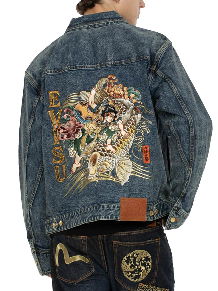 Evisu Kamon and Seagull Brocade Appliqué with Carp Embrodiery Relax Fit Denim Jacket Blu