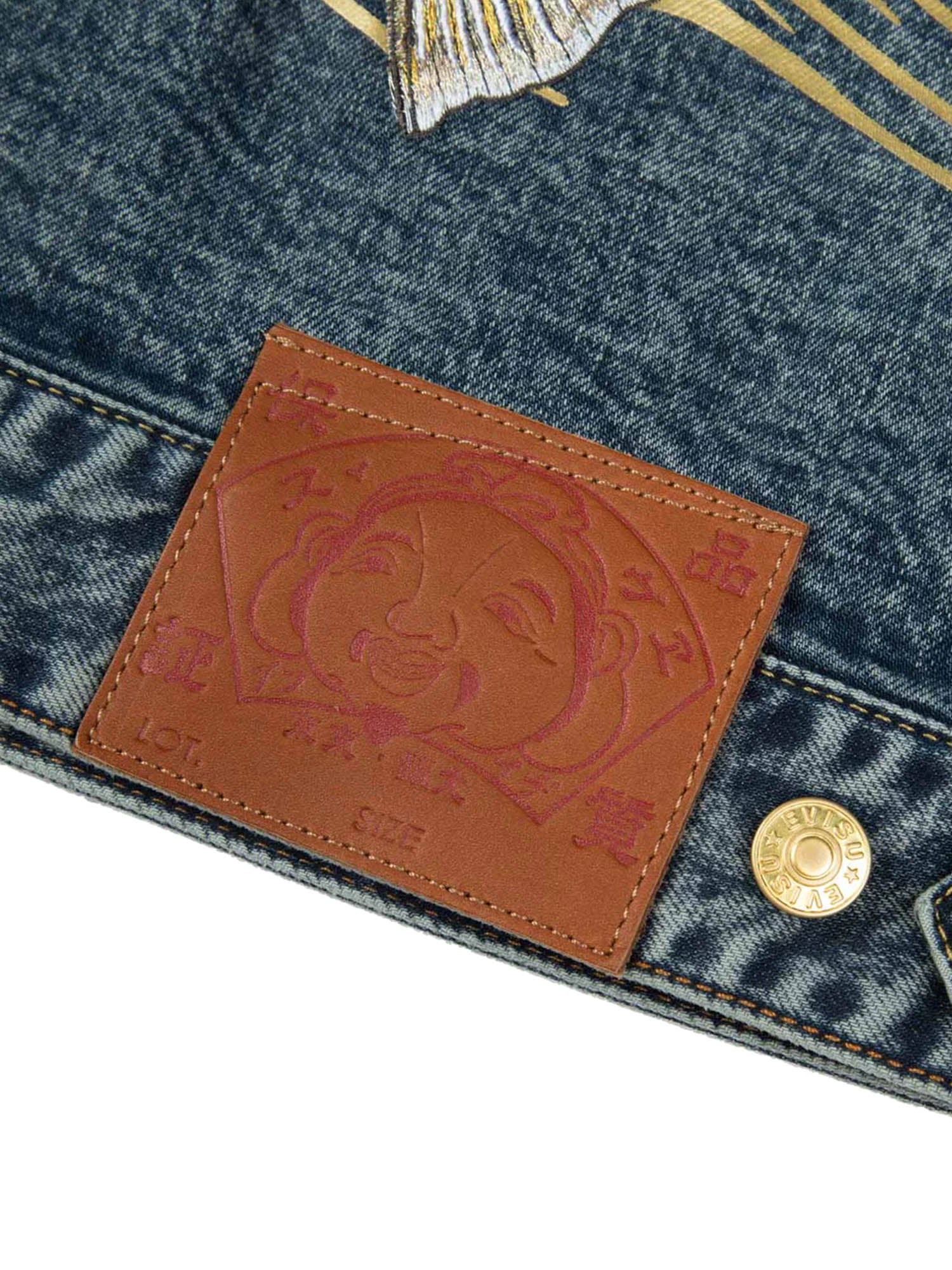 Evisu Kamon and Seagull Brocade Appliqué with Carp Embrodiery Relax Fit Denim Jacket Blu