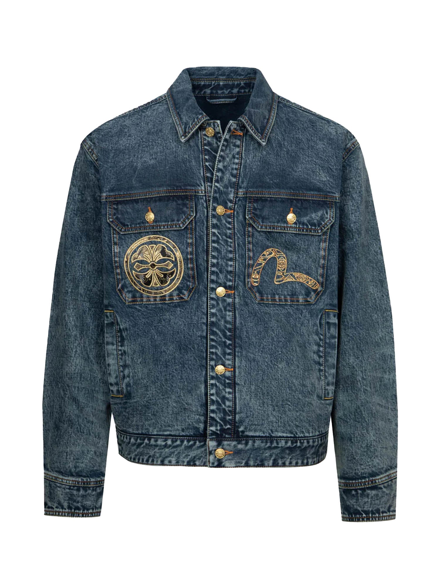 Evisu Kamon and Seagull Brocade Appliqué with Carp Embrodiery Relax Fit Denim Jacket Blu