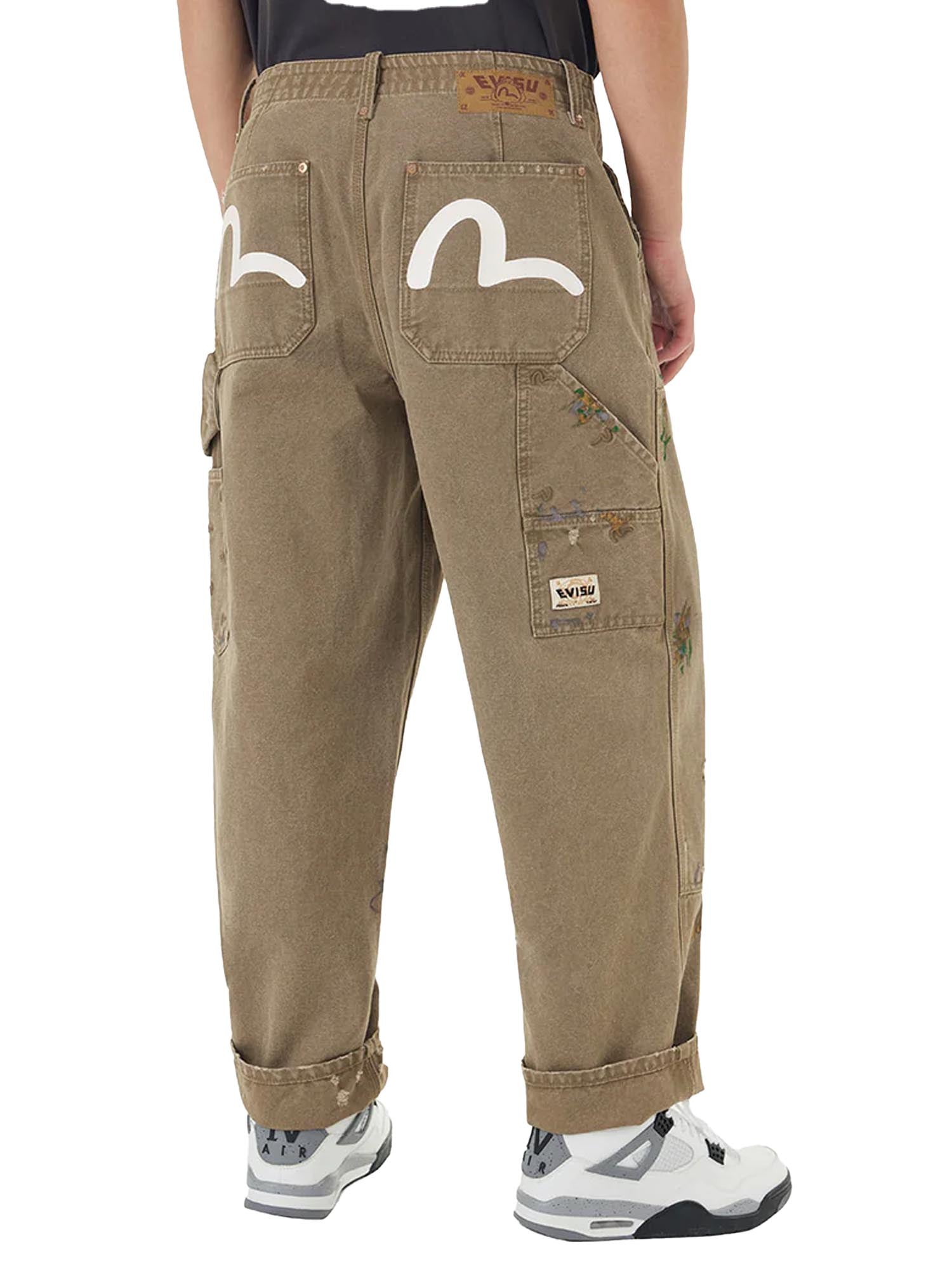 Evisu Seagull Embroidery and Logo Print Relax Fit Washed Pants Beige