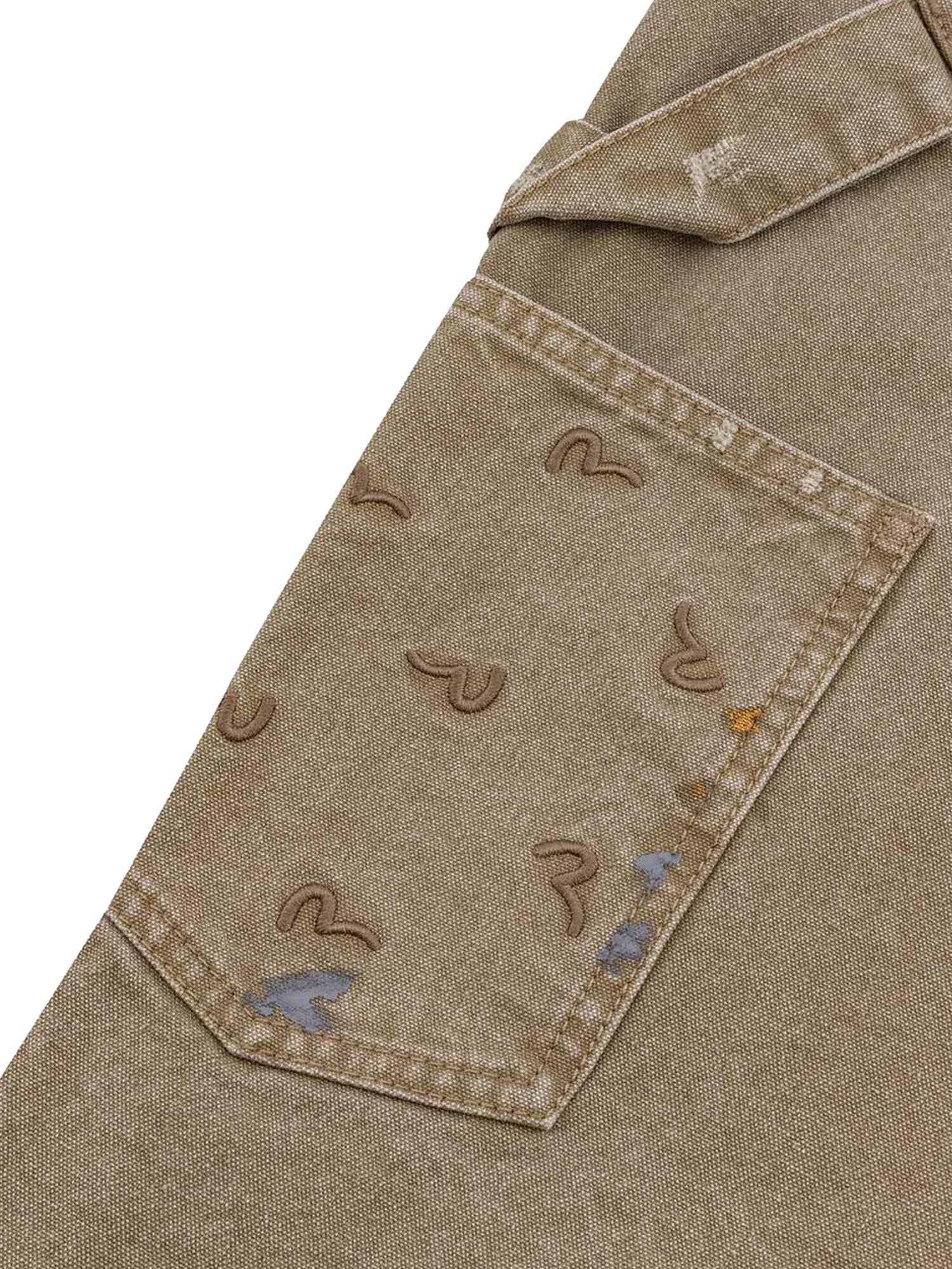 Evisu Seagull Embroidery and Logo Print Relax Fit Washed Pants Beige