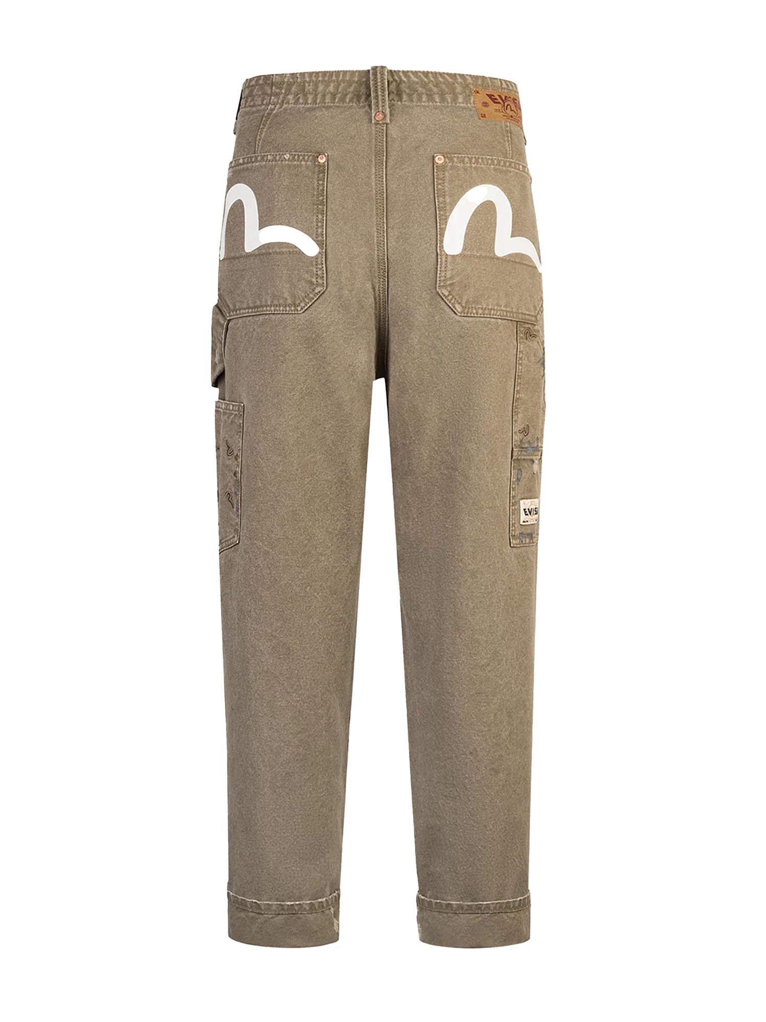 Evisu Seagull Embroidery and Logo Print Relax Fit Washed Pants Beige