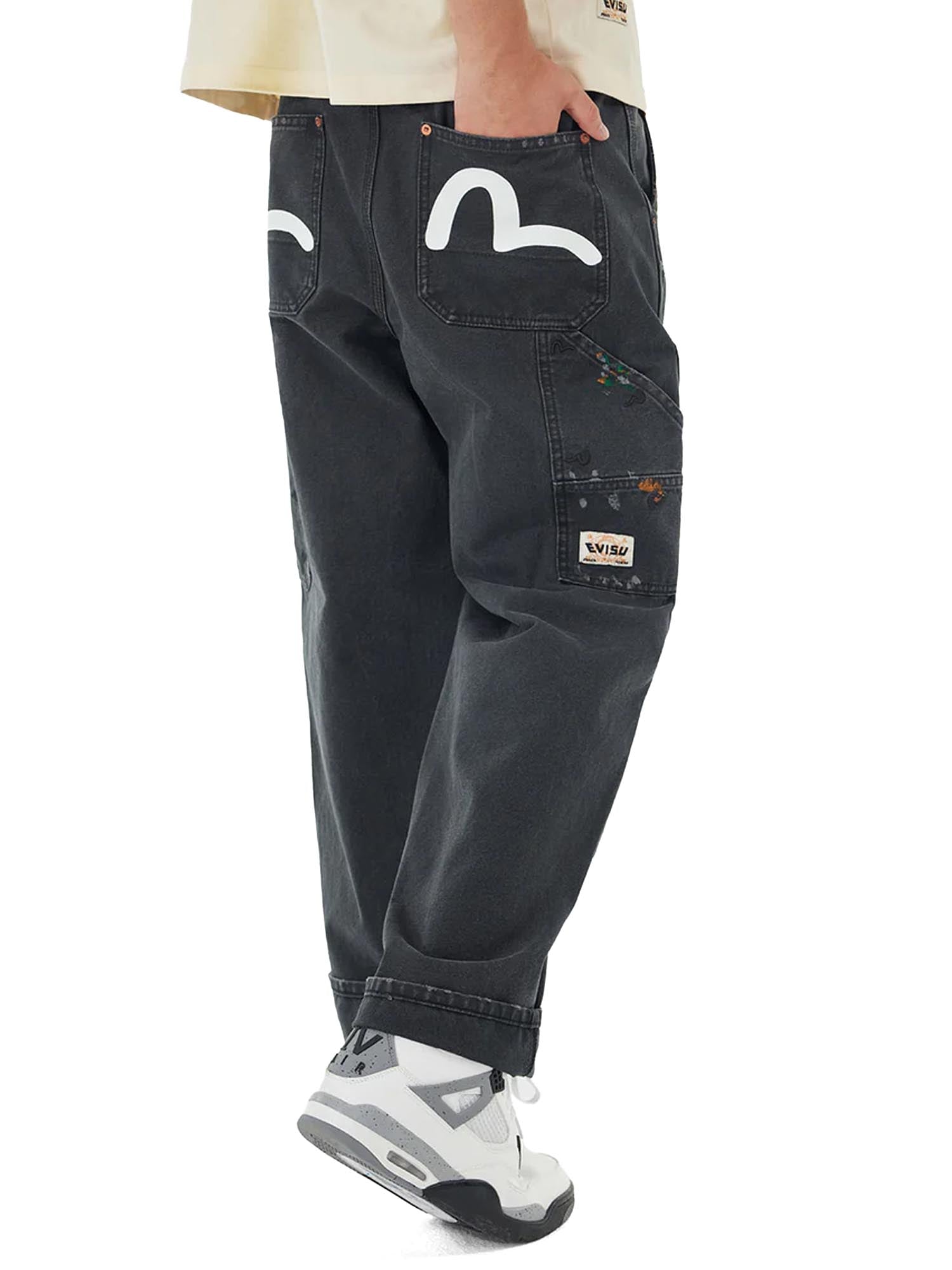 Evisu Seagull Embroidery and Logo Print Relax Fit Washed Pants Grigio