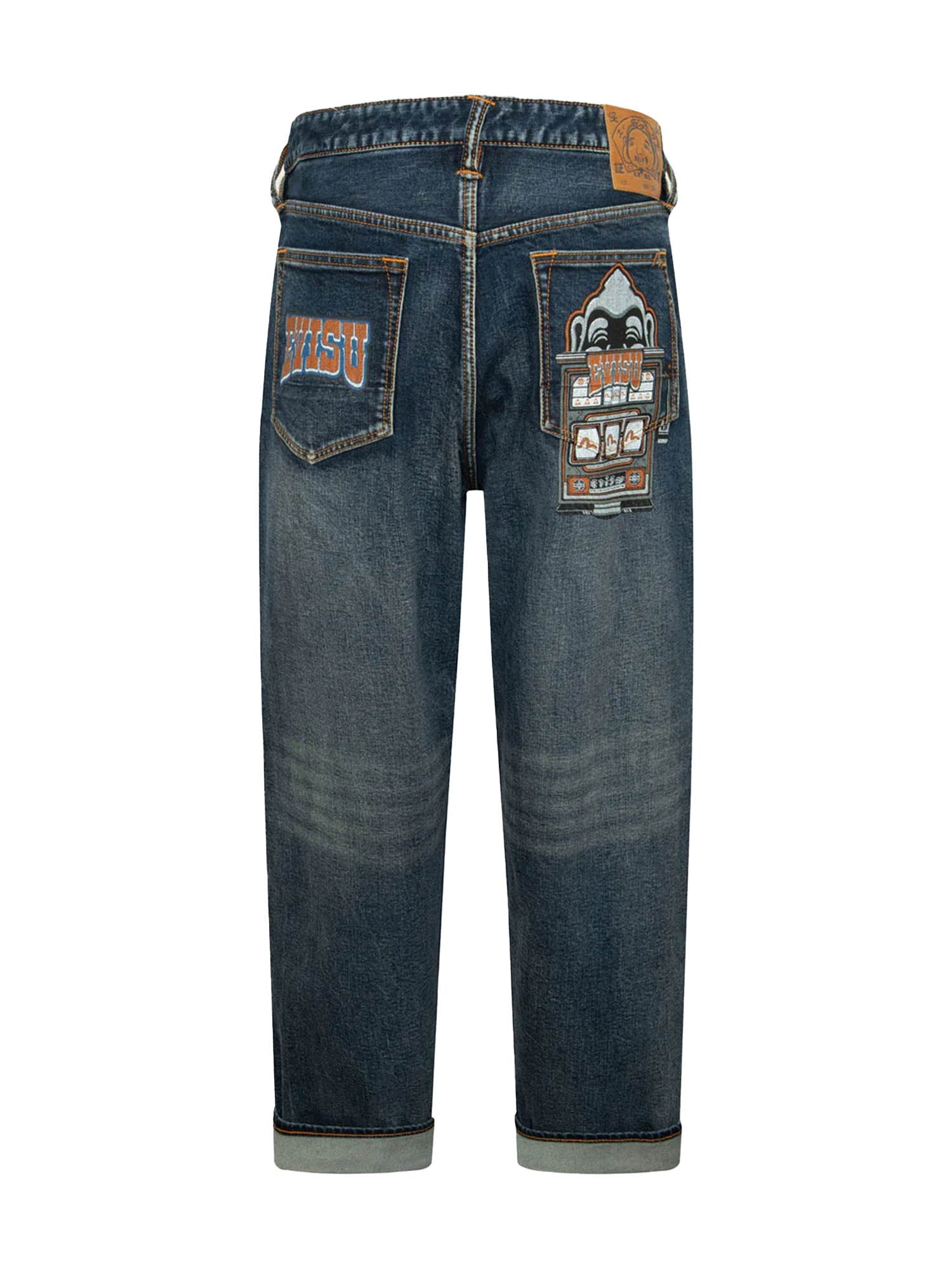 Evisu Washed Logo and Godhead Slot Coated Relax Fit Jeans Blu