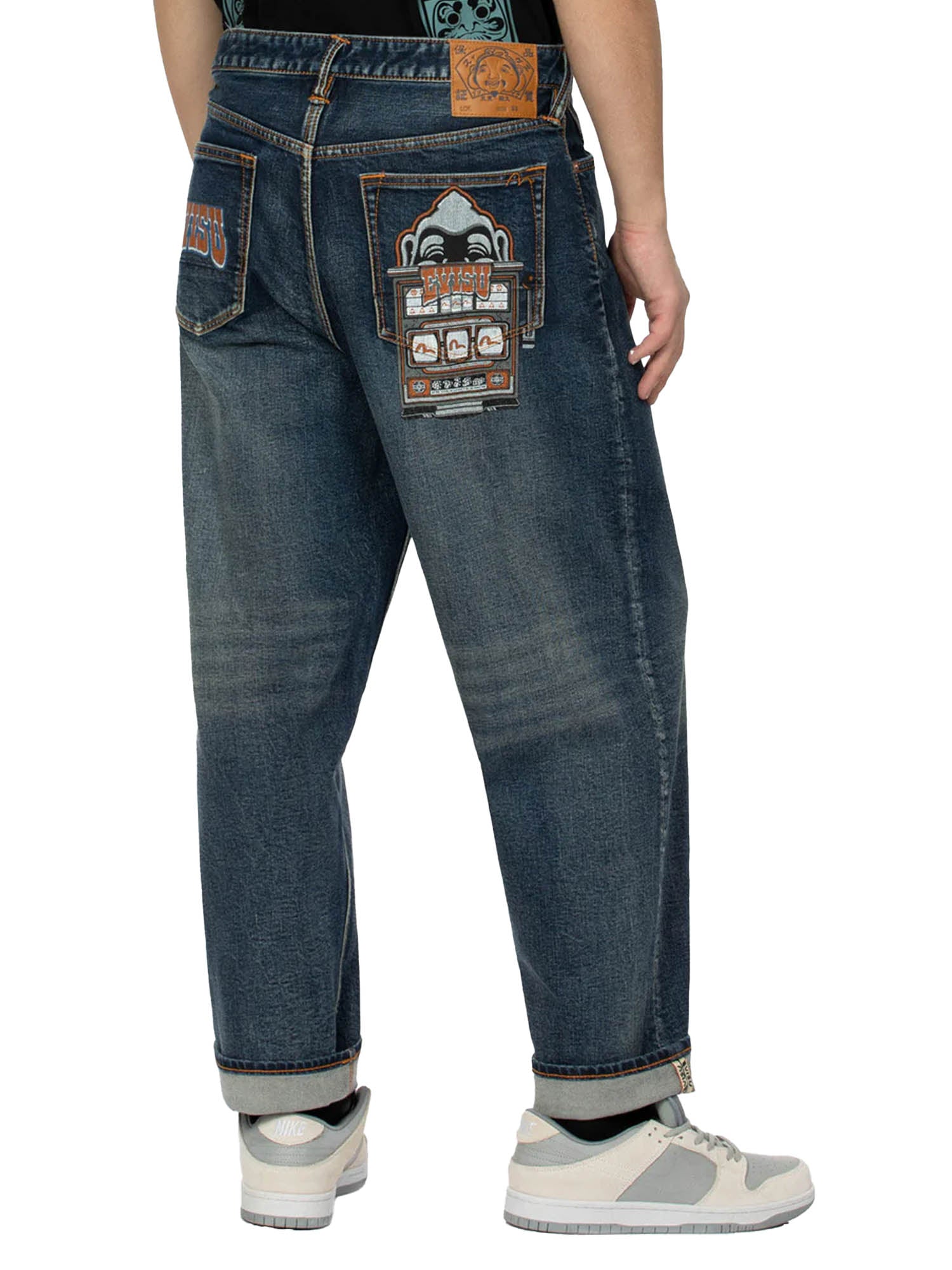 Evisu Washed Logo and Godhead Slot Coated Relax Fit Jeans Blu