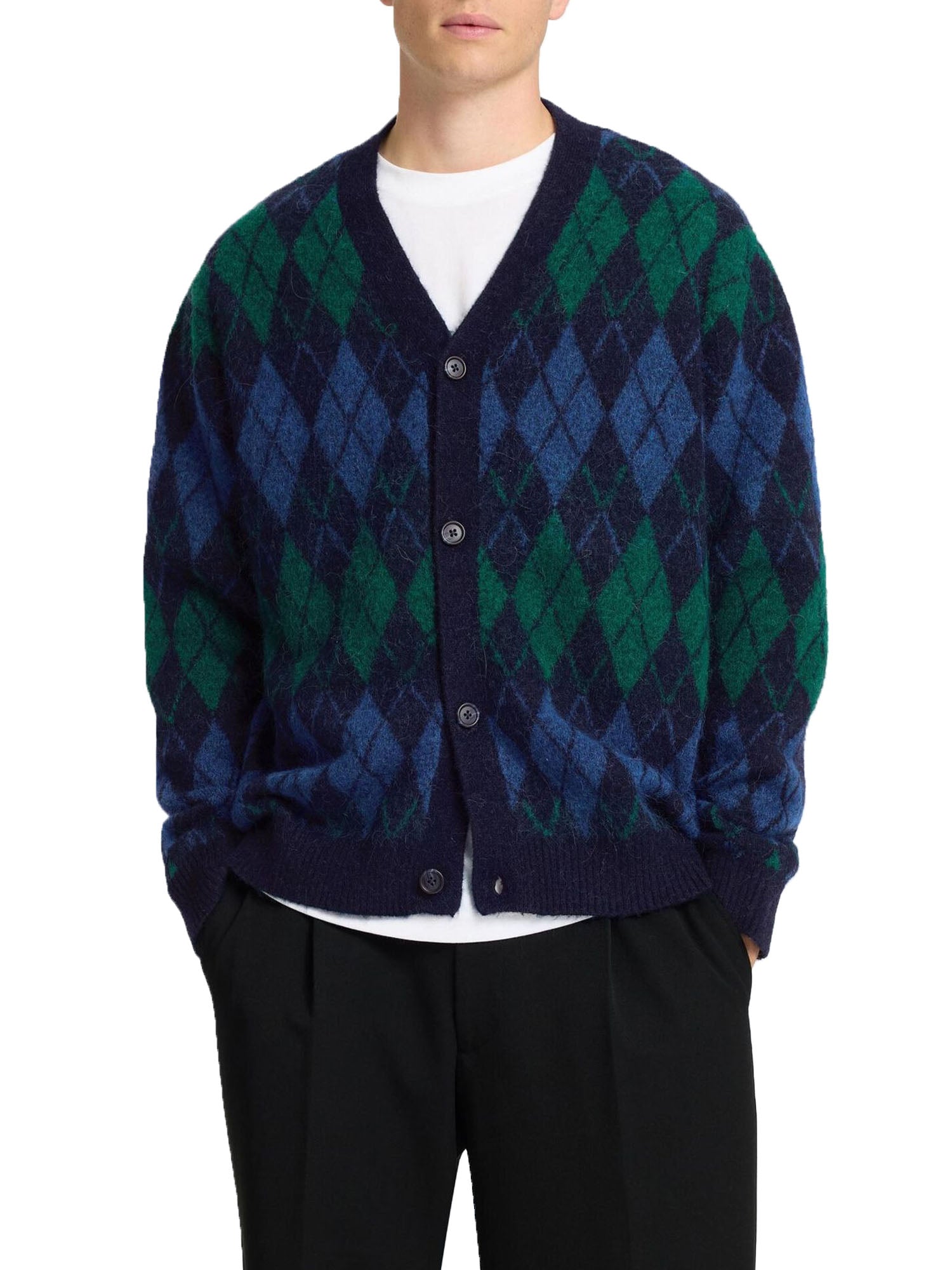 Selected Slhrai Ls Knit Relaxed Argyle Cardigan Blu