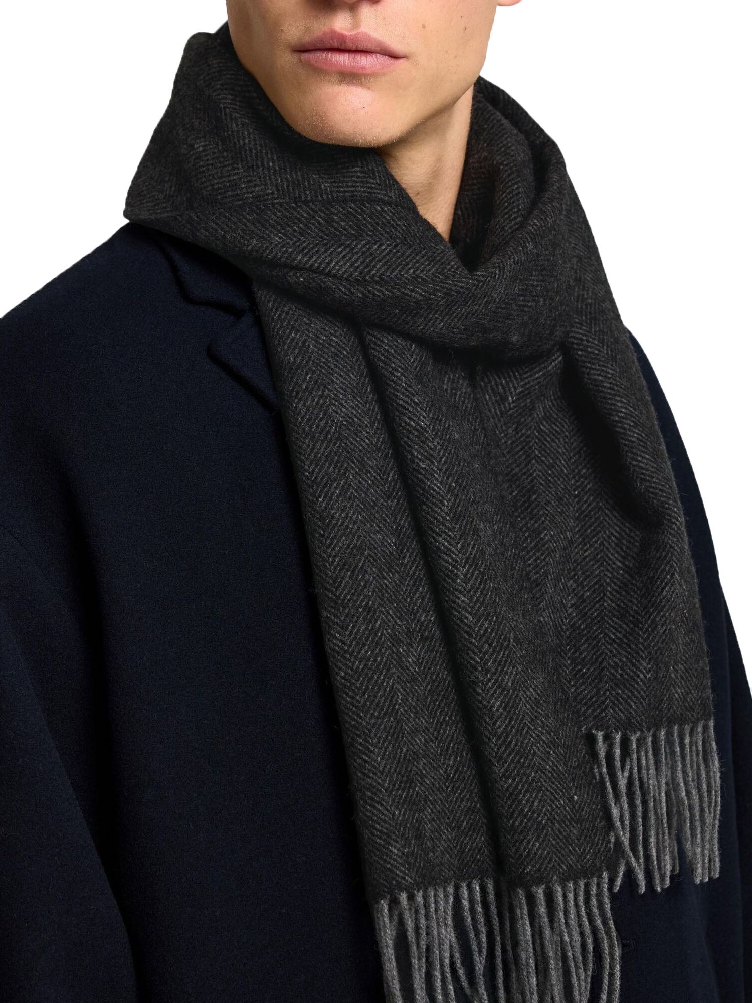 Selected Slhtope Wool Herringbone Scarf Grigio